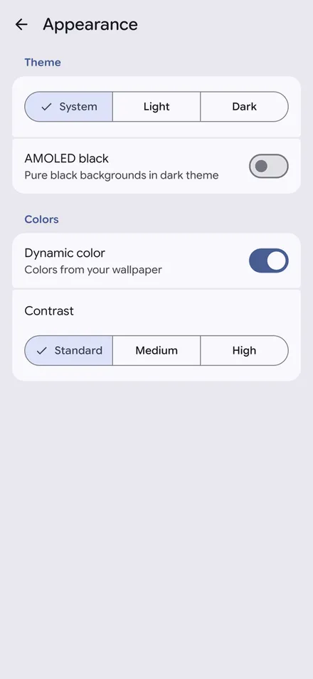 Appearance settings: theme, AMOLED black, dynamic color, contrast