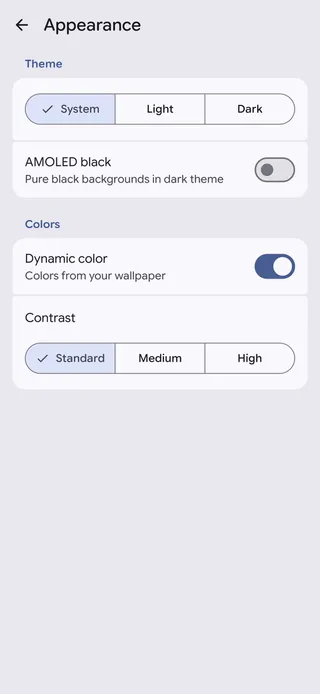 Appearance settings: theme, AMOLED black, dynamic color, contrast