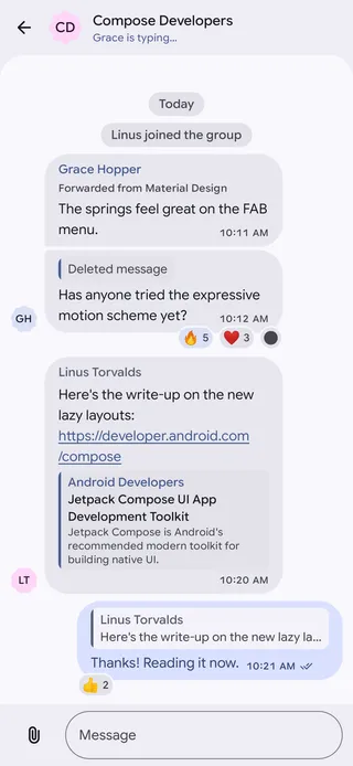 Group conversation with replies, a link preview and reactions