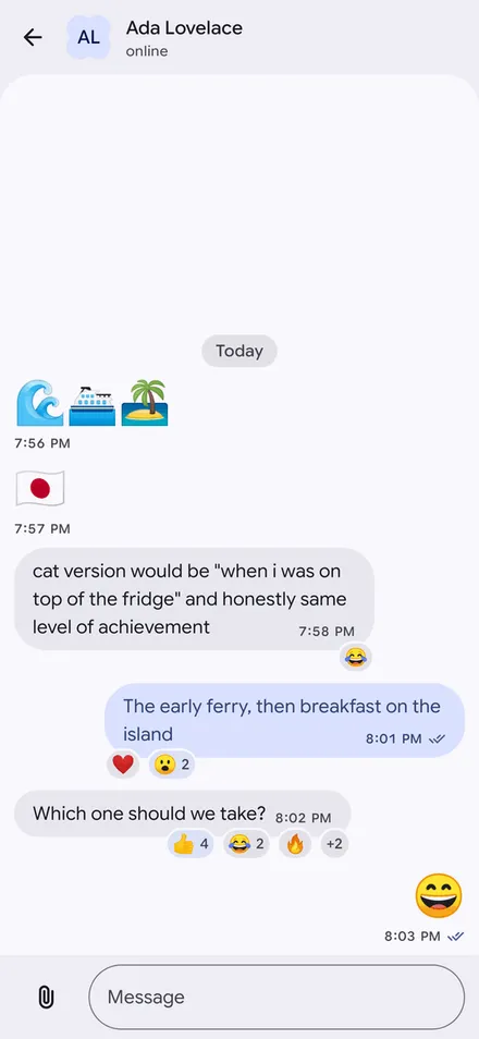 Conversation with large emoji and reaction badges