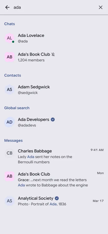 Search results for chats, contacts and messages
