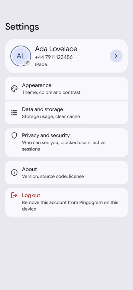 Settings with the account card